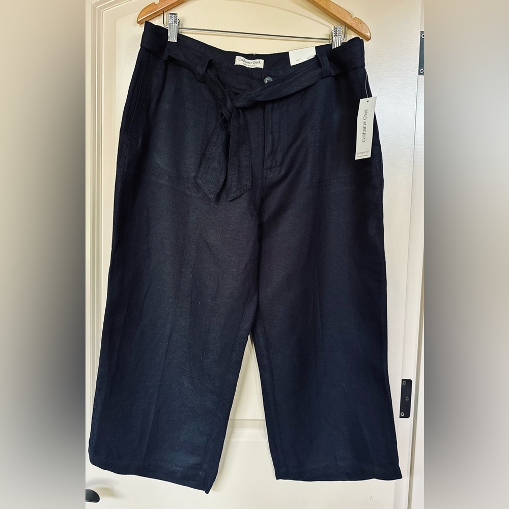Coldwater Creek,Natural Fit,Sz 14, 55% Linen Navy Blue Cropped Pants,Wide Leg